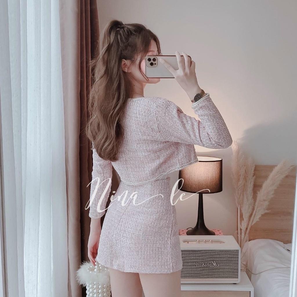 set dạ 3 món hồng áo 2 dây trong kèm khoác crop phối chân váy ngắn mẫu nina lê