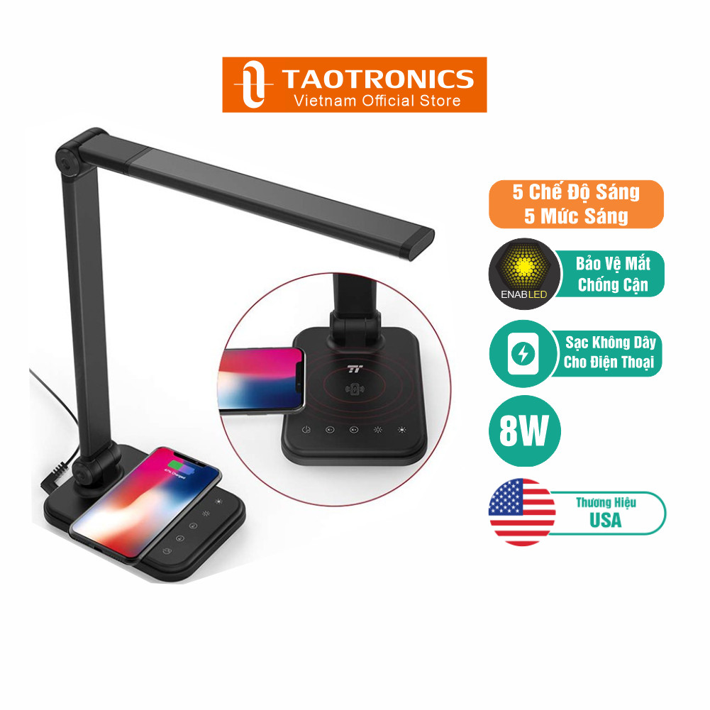 Đèn LED Bảo Vệ Mắt Taotronics 8W TT-DL047 Cổng USB-A Tích Hợp Sạc Nhanh Không Dây - Hàng Chính Hãng