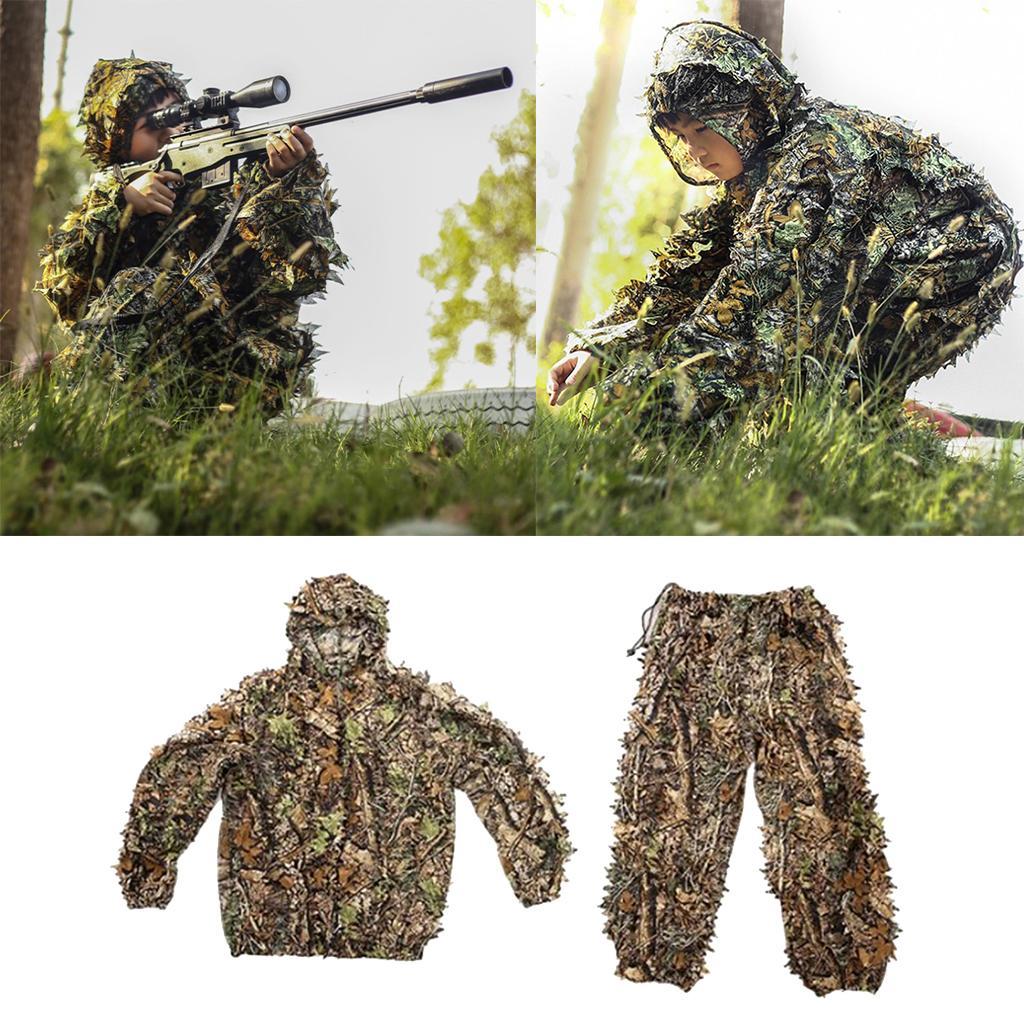2x Breathable Leafy Camo Hooded Stretchy Ghillie Suits Clothes Jacket Pants Lightweight for Child Unisex Outdoor Hunting Shooting Wildlife Photography
