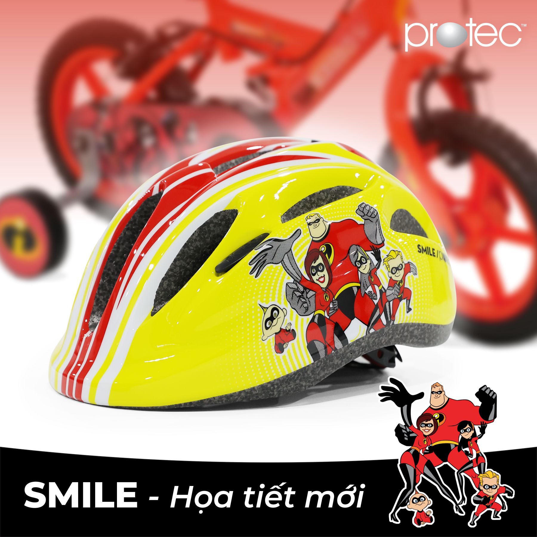 Nón bảo hiểm xe đạp trẻ em Protec SMILE cho bé trai từ 1-12 tuổi, họa tiết mạnh mẽ, năng động, có đèn hậu an toàn- Hàng chính hãng