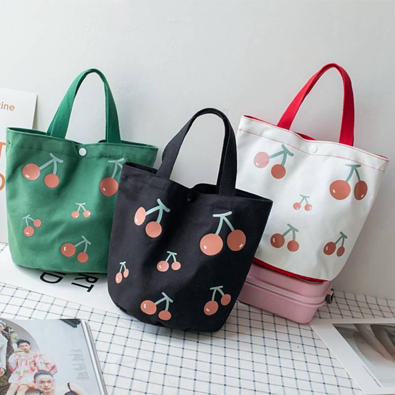 Túi Vải Canvas Đựng Hộp Cơm In Hình Quả Cherry Dễ Thương