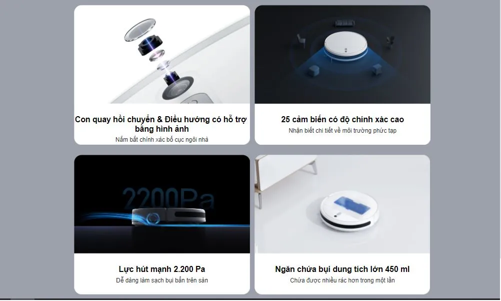 Robot hút bụi Xiaomi Vacuum Mop 2 Lite 25 cảm biến chính xác, Pin 2600mAh, Lực hút mạnh 2.200 Pa, kết nối App, Bản quốc tế - Hàng chính hãng