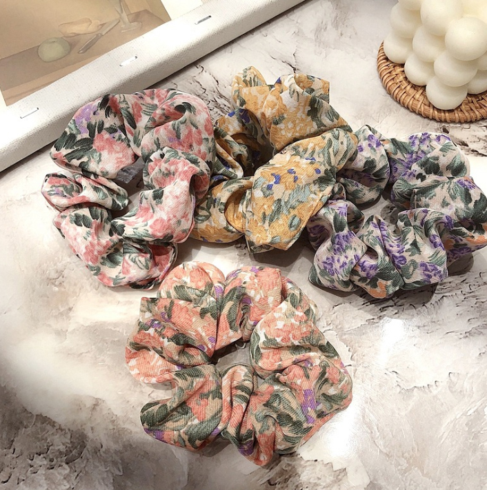 Dây buộc tóc Scrunchies vải mềm Vintage in hoa dịu dàng HD55