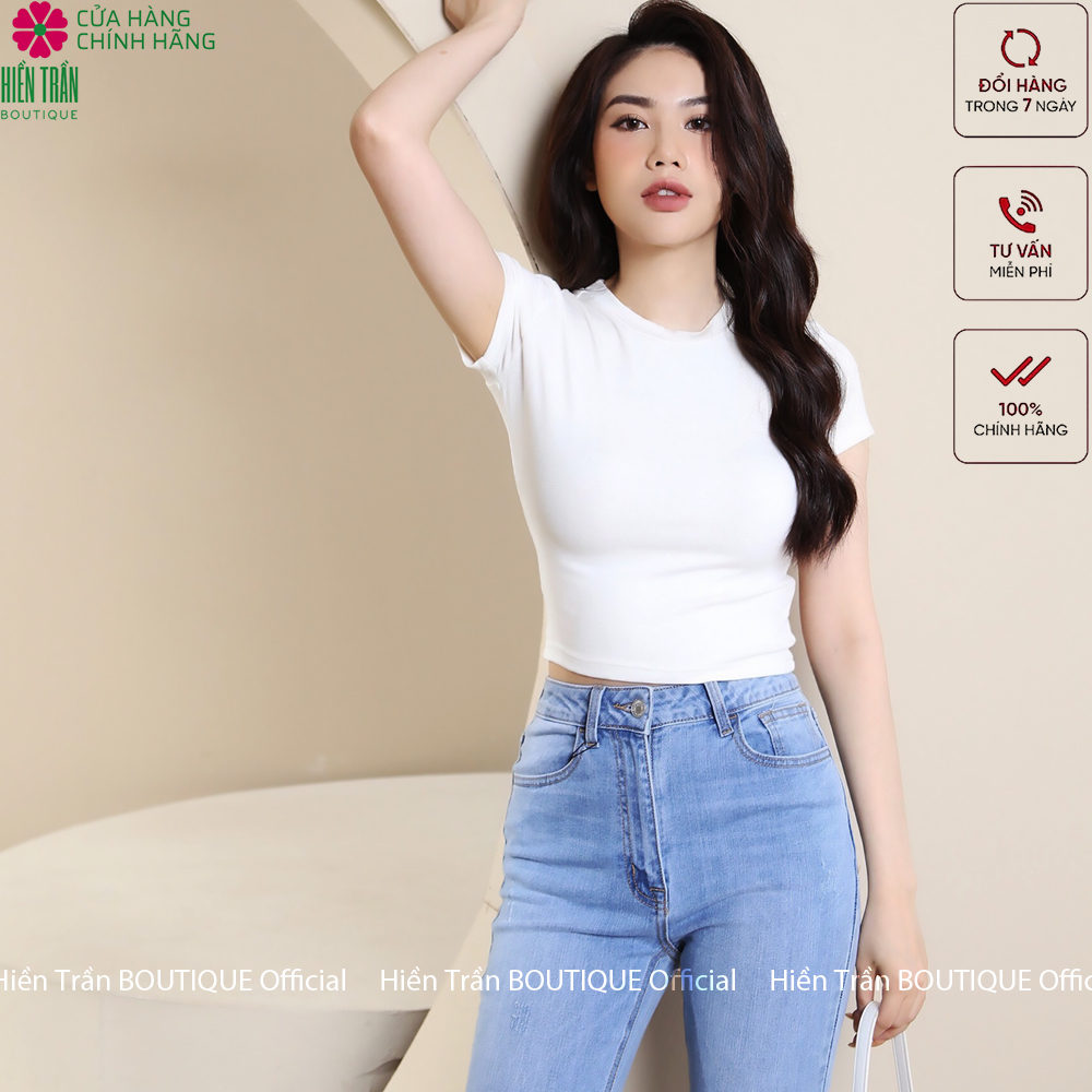 Áo croptop nữ Hiền Trần BOUTIQUE cổ tròn vải cotton bozip co giãn thoáng mát freesize ngắn tay thun đẹp