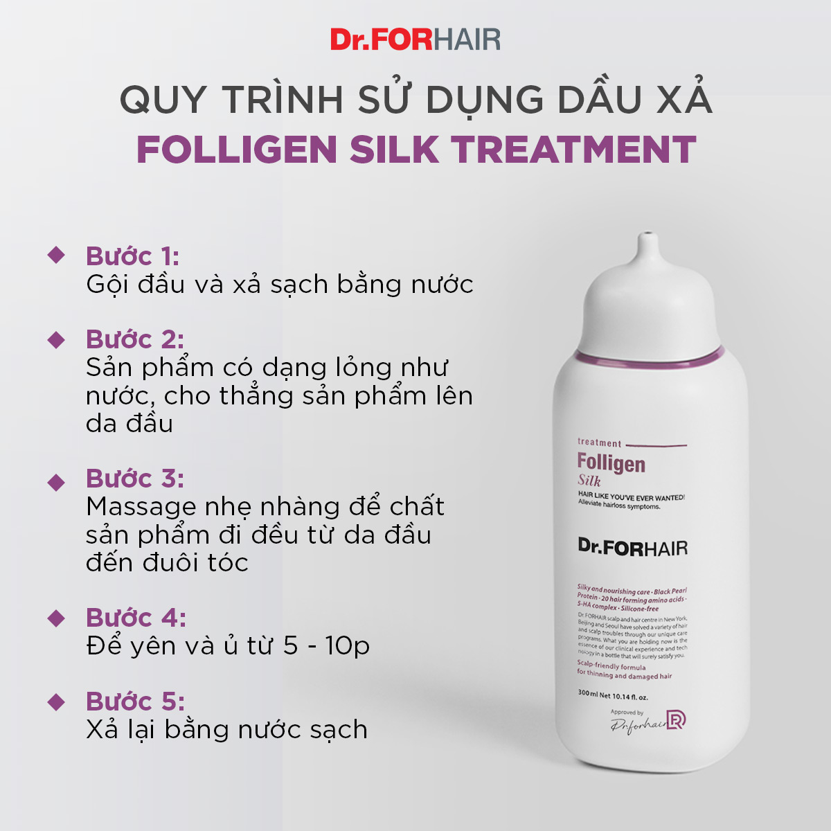 Combo gội xả dưỡng phục hồi tóc hư tổn khô xơ uốn nhuộm Dr.FORHAIR Folligen Silk Shampoo 300ml x Folligen Silk Treatment 300ml x Unove Silk Oil Essence 70ml