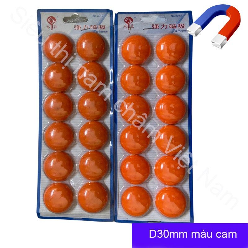 Vỉ nam châm 12 viên siêu đính bảng từ kích thước 30mm, nam châm màu cam