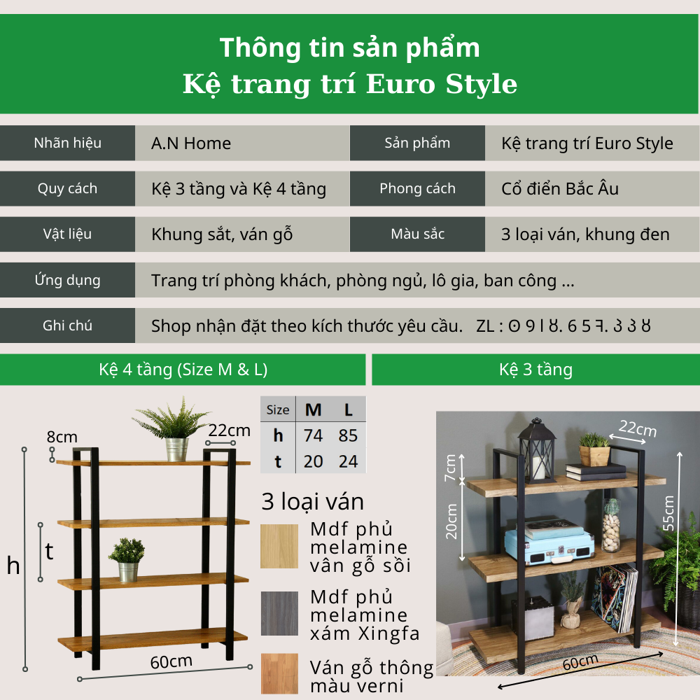 Kệ trang trí chân sắt màu Đen, gỗ nguyên tấm chắc chắn. Kệ trang trí đẹp, sang trọng, mang phong cách cổ điển Bắc Âu. Sản phẩm cao cấp, đạt tiêu chuẩn Hàn Quốc.