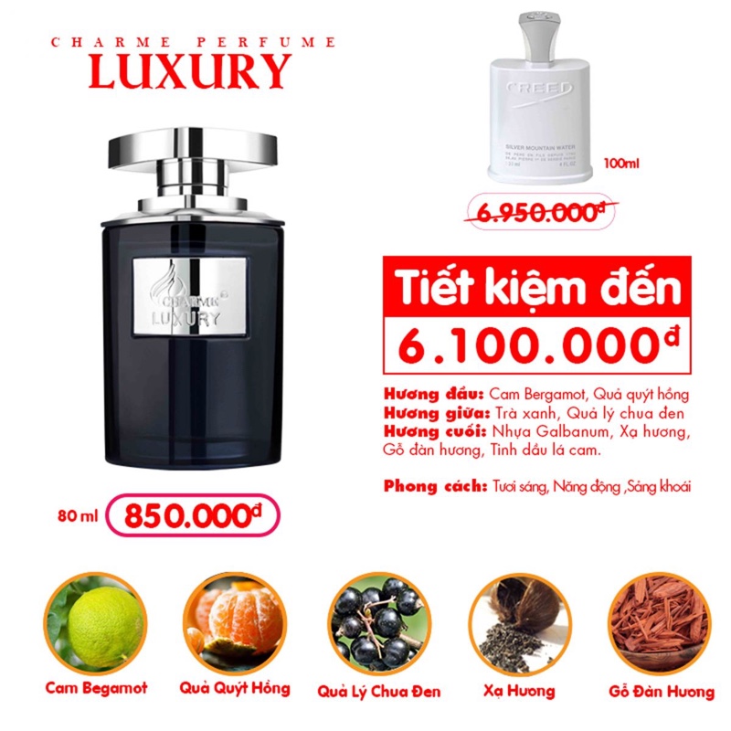 Nước hoa nam cao cấp, Charme Luxury, lưu hương lâu, hương mát lạnh pha chút nồng ấm, 80ml