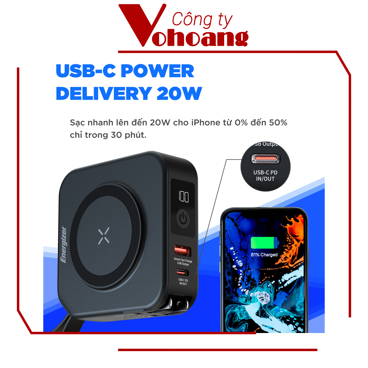 [Mỹ] Sạc dự phòng Energizer QM10001AC Thông minh Sạc nam châm từ tính Dung lượng 10000mAh - Hàng chính hãng