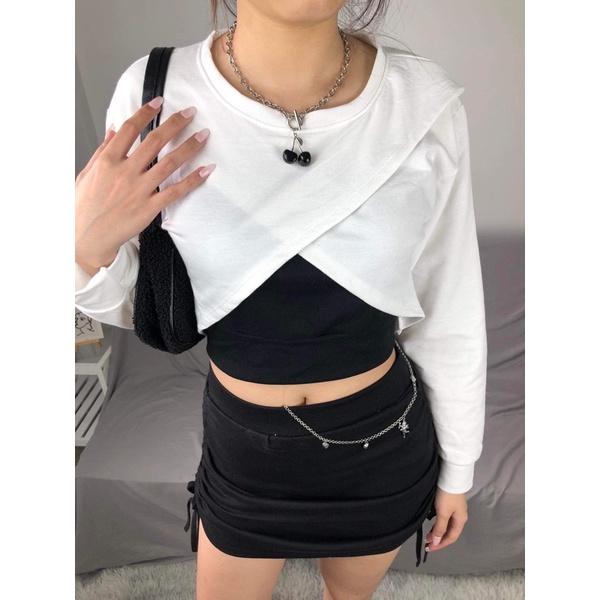 Set áo croptop tay dài kiểu xẻ kèm áo 2s trong