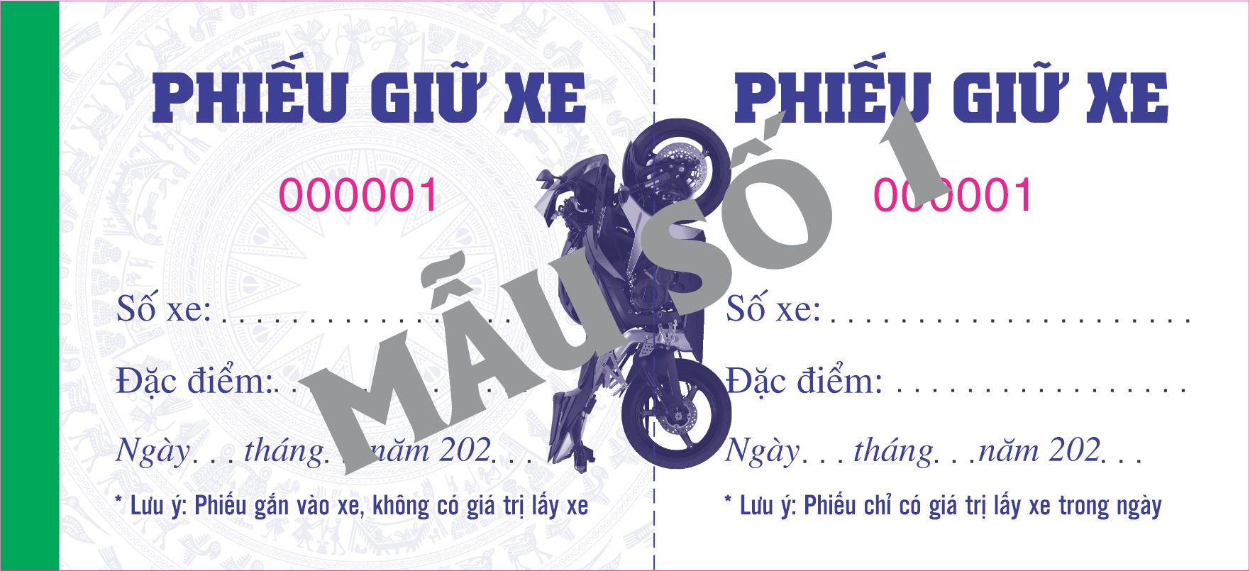 Phiếu giữ xe máy-xe ôtô-xe đạp in sẵn-block 10/50/100