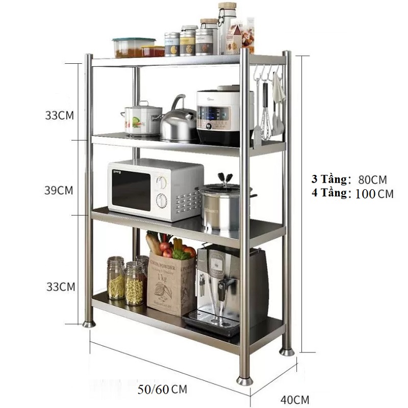 Kệ để xoong nồi Inox 304 đa năng, kệ nhà bếp thông minh 4 tầng ngang 60cm