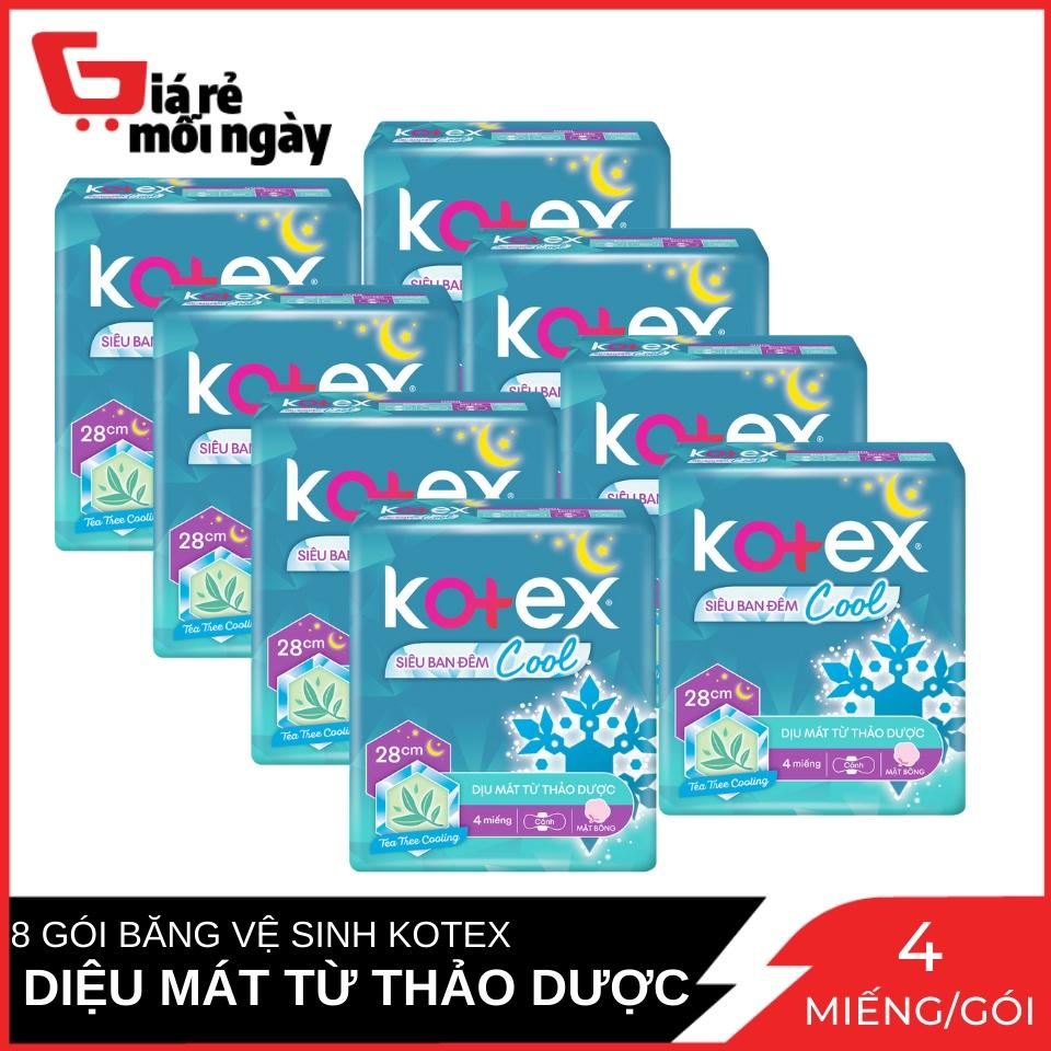 Combo 8 Gói Băng Vệ Sinh Kotex siêu ban đêm Cool mặt bông cánh 28cm Gói 4 Miếng x8