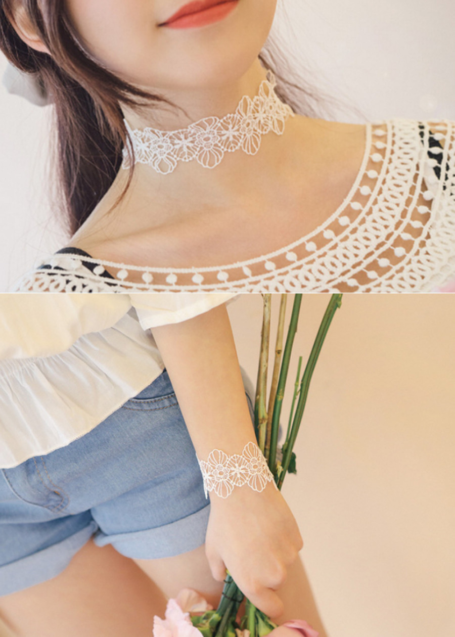 Combo Vòng Cổ Choker Và Vòng Tay Ren Trắng D005w