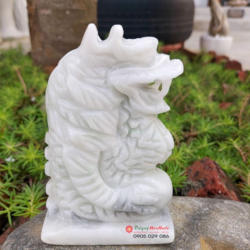 Tượng rồng đá tuổi thìn 12 con giáp phong thủy đá trắng xanh 12cm đá Non Nước