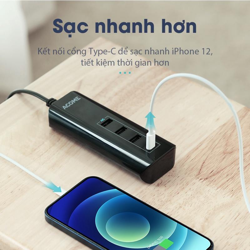 Ổ Cắm Cổng Sạc Nhanh 4 Cổng Sạc Nhỏ Gọn ACOME 3 Ouput USB-A Và 1 OutPut Type C - Hàng Chính Hãng