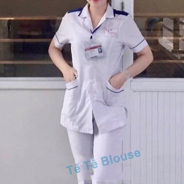 Bộ quần áo Blouse điều dưỡng nam nữ có viền xanh cho thực tập sinh - áo điều dưỡng, y tá có cầu vai xanh