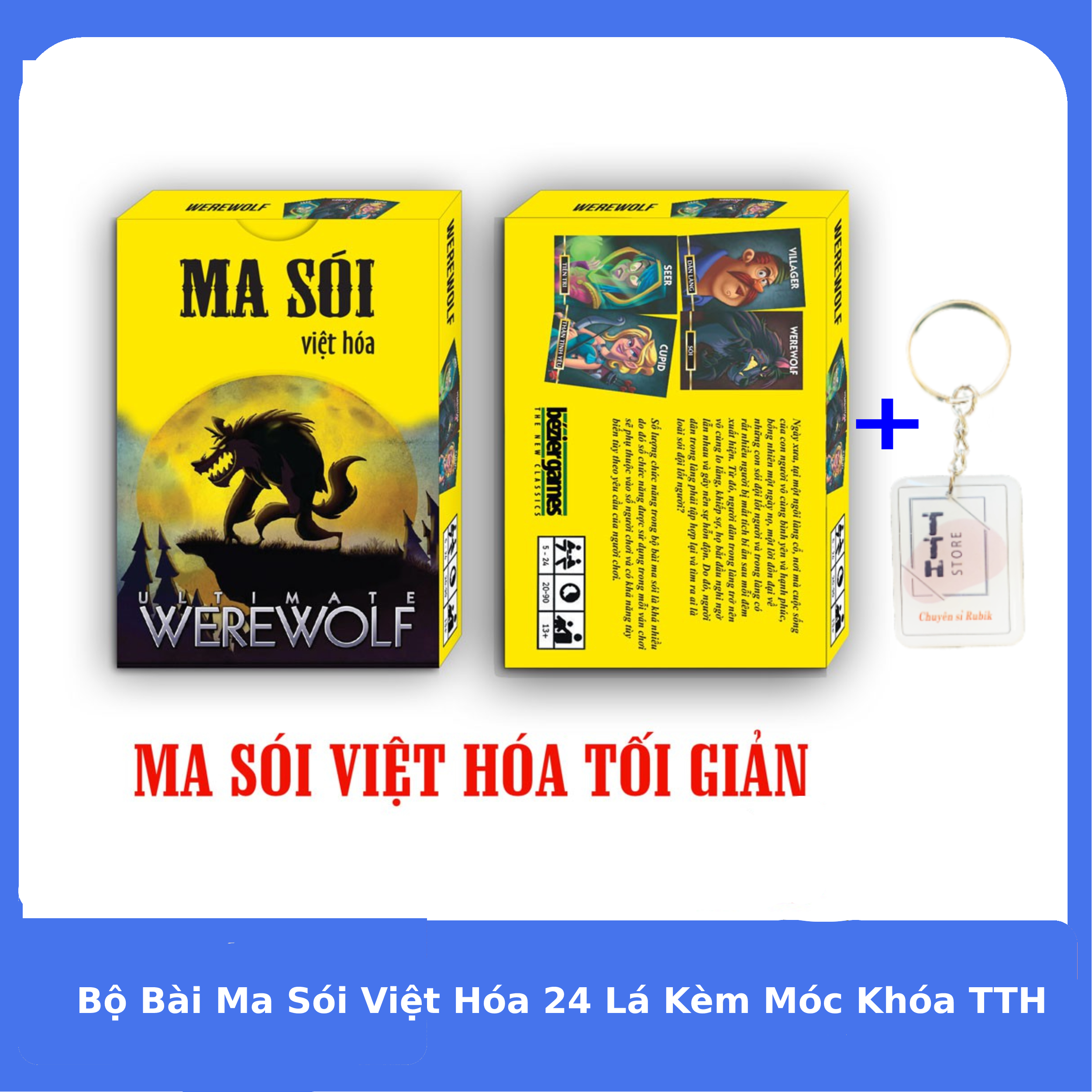 Bộ Bài Ma Sói Việt Hóa Cơ Bản  24 Lá Chống Thấm Nước Kèm Móc Khóa TTH