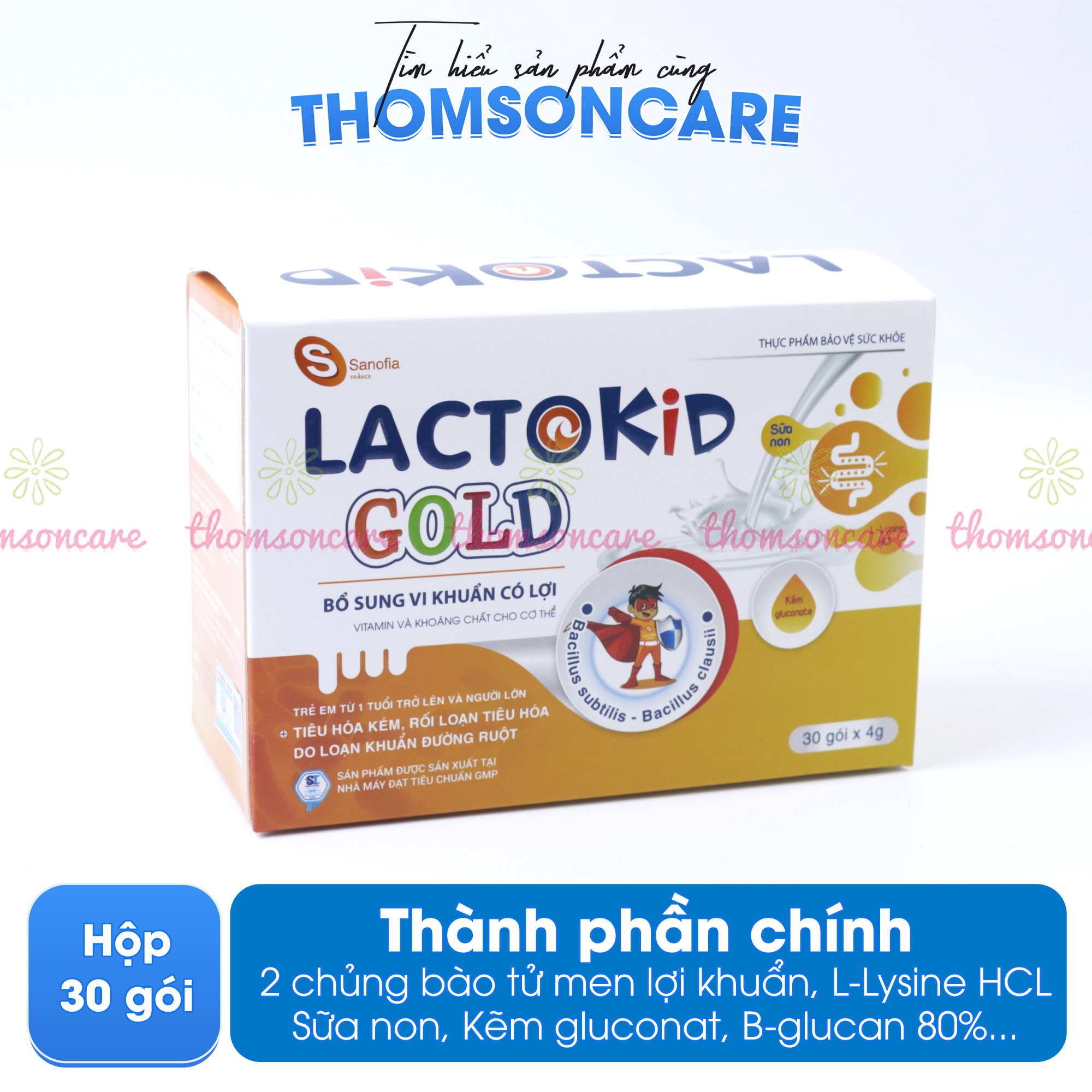 Men tiêu hóa Lactokid Gold Hộp 30 gói- Sanofia France- giúp bé ăn ngon miệng ,bổ sung lợi khuẩn, kẽm và vitamin- Thomsoncare