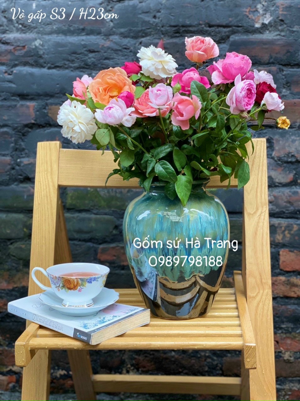 Lọ hoa dáng vò gấp cao 23cm gốm sứ Bát Tràng cao cấp men hoả biến ngân hà