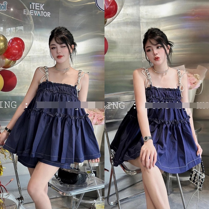 ĐẦM BABYDOLL SET ÁO 2 DÂY CỔ U SUÔNG RỘNG XÒE XẾP LY BÈO + QUẦN SHORTS NGẮN ỐNG RỘNG LƯNG THUN TRƠN MIDI DẠO PHỐ ĐI BIỂN ĐI CHƠI