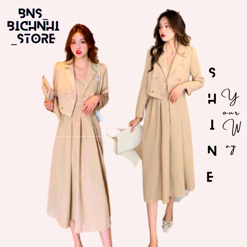 SET ÁO BLAZER & ĐẦM 2 DÂY XẾP LY- Double Breasted Lapel Neck Blazer & Cami Dress BY BNS CARNA SET BNS011V