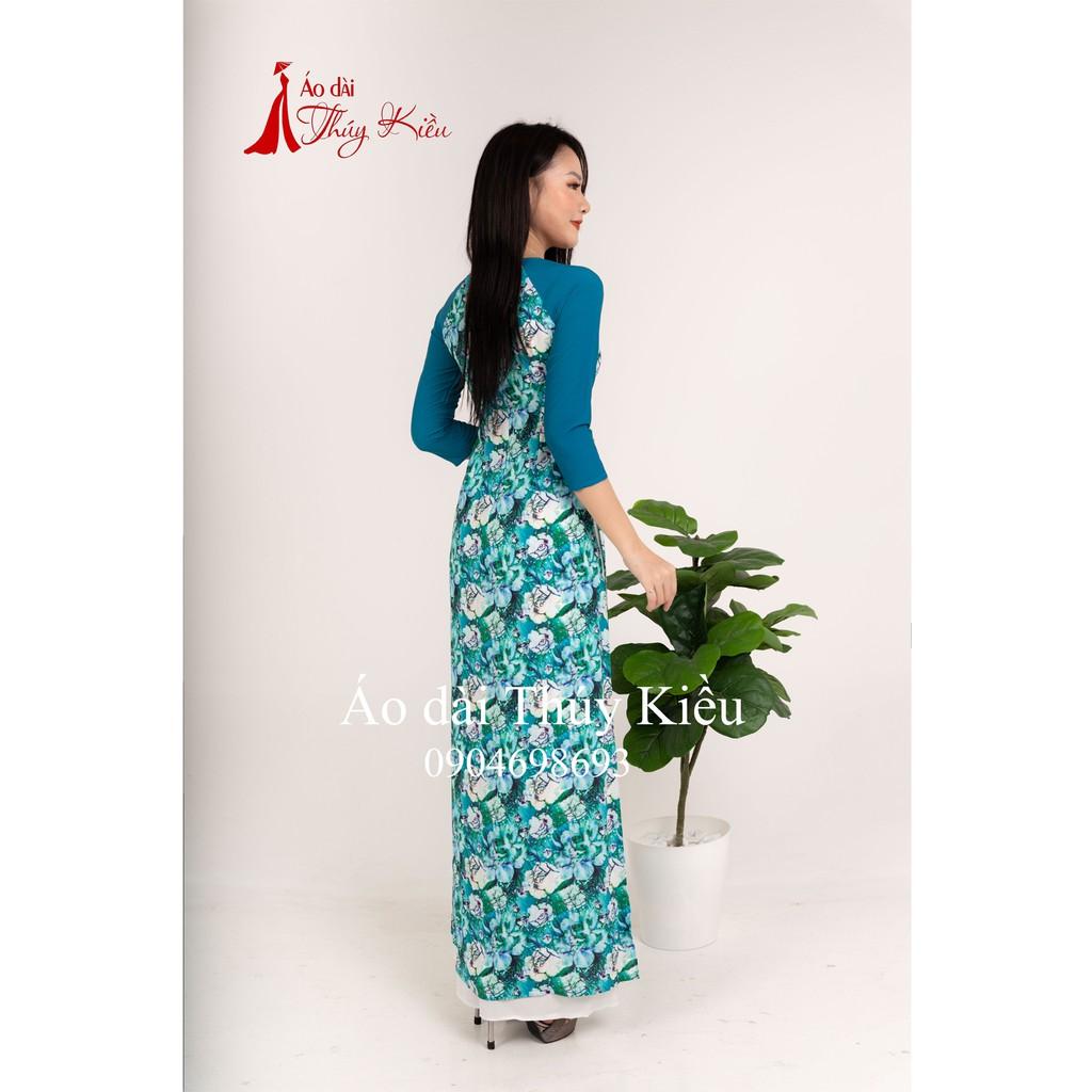 Áo dài Thúy Kiều in 3D lụa Nhật xanh cổ vịt hoa thân giữa K24