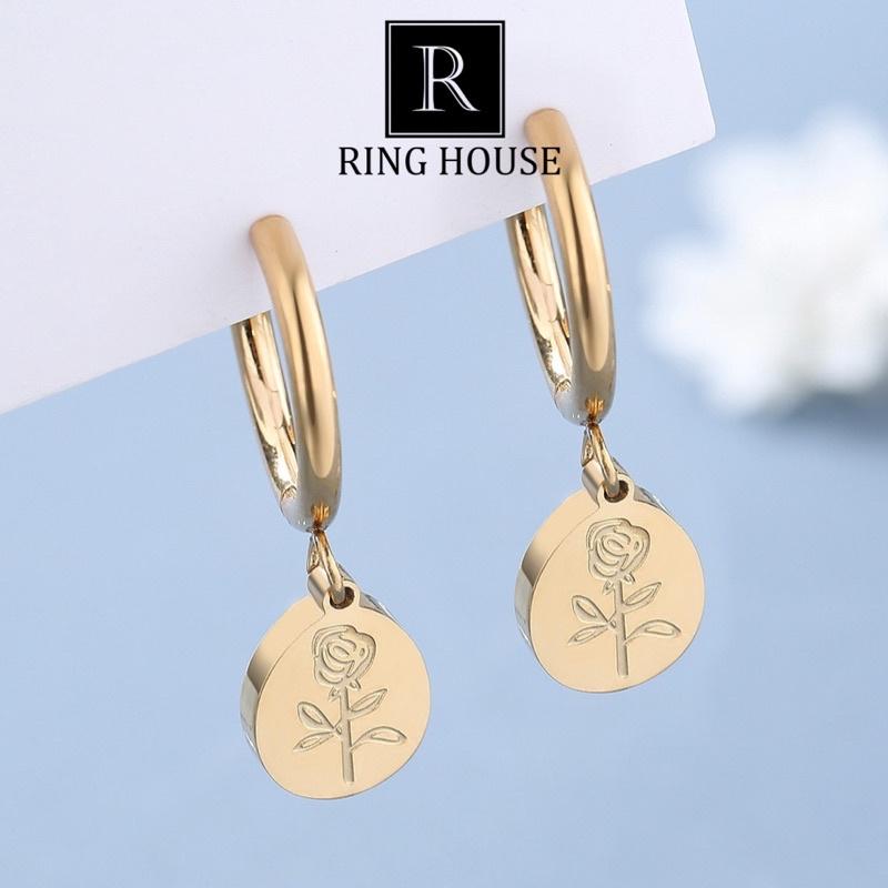 Khuyên Tai Bông Tai Nữ Titan Không Đen Gỉ Oval Cành Hoa Vàng Gold Đẹp