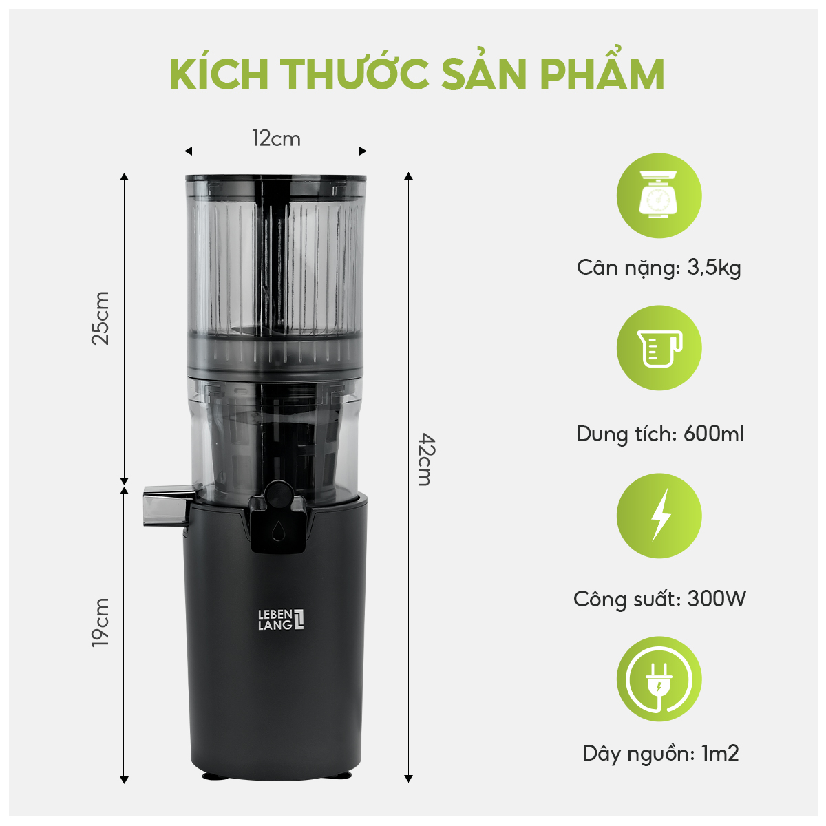 Máy ép chậm đa năng Lebenlang LBL1414, 300W, nhỏ gọn tiện lợi, ép kiệt bã đến 99%, giữ trọn dinh dưỡng, bảo hành 2 năm - hàng chính hãng