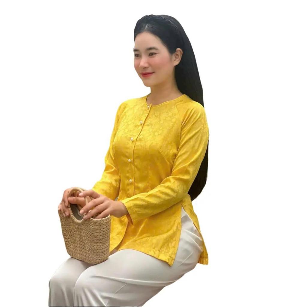 (BÀ BA GẤM HOA NỖI Bigsize) Trang phục truyền thống, Bộ quần áo nữ Phật tử, đồ lam đi chùa mẫu nữ vải gấm 7XL - Tím không quần