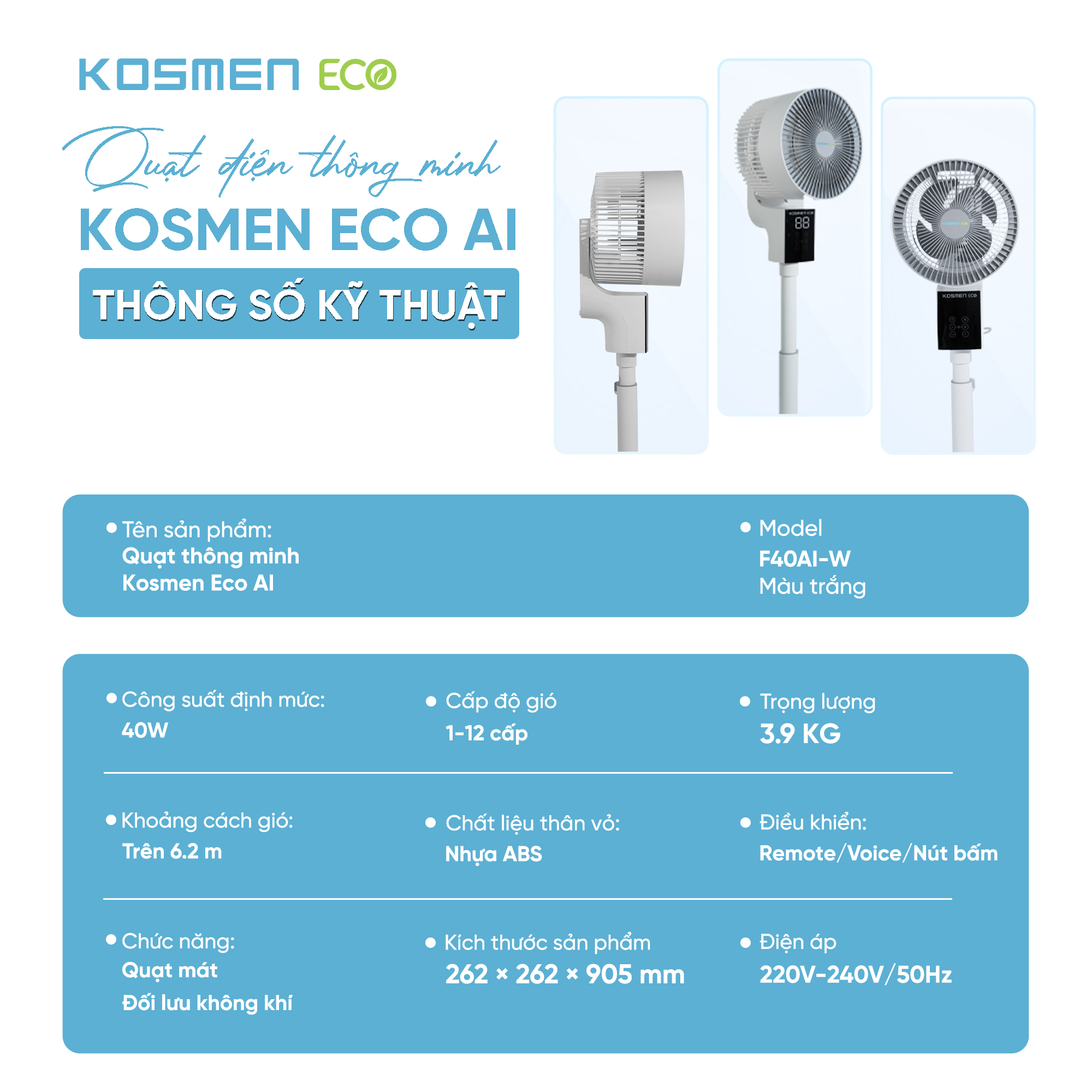 Quạt thông minh Kosmen ECO-F40AI-W AI điều khiển bằng giọng nói – Màu Trắng - Hàng Chính Hãng, Bảo Hành 1 Năm