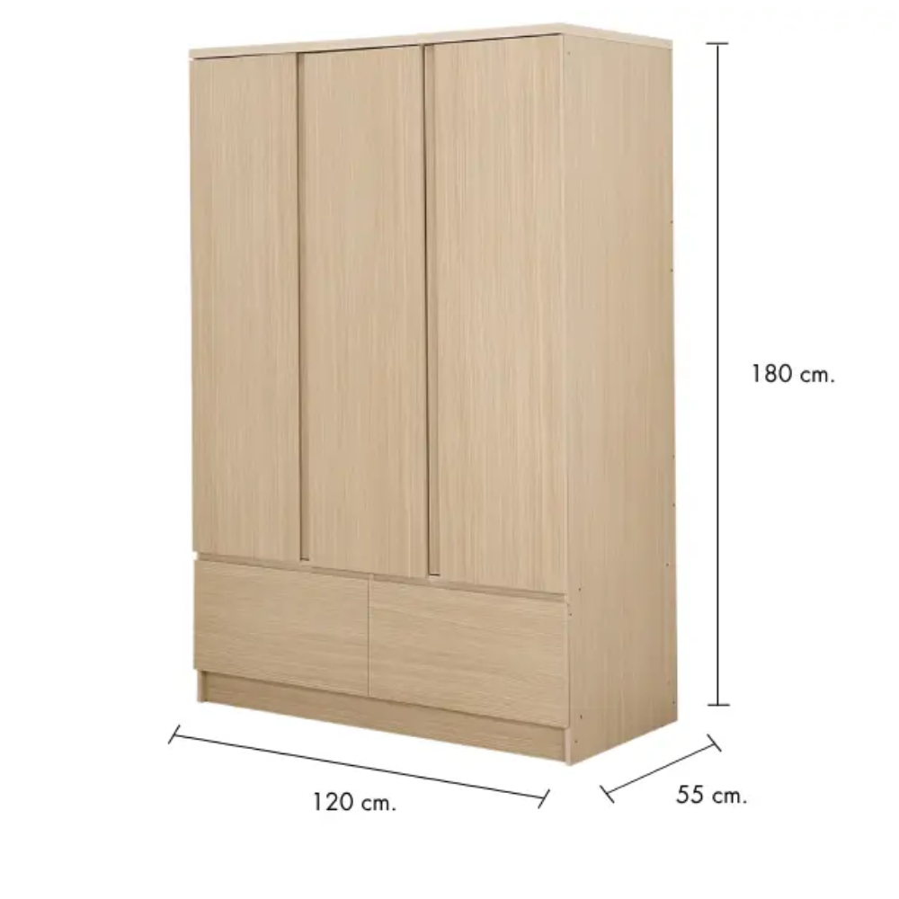 Tủ Quần Áo 3 Cửa Màu Gỗ Sồi Tự Nhiên FAST Kích Thước 120 x 180 cm | Index Living Mall | Nhập Khẩu Thái Lan