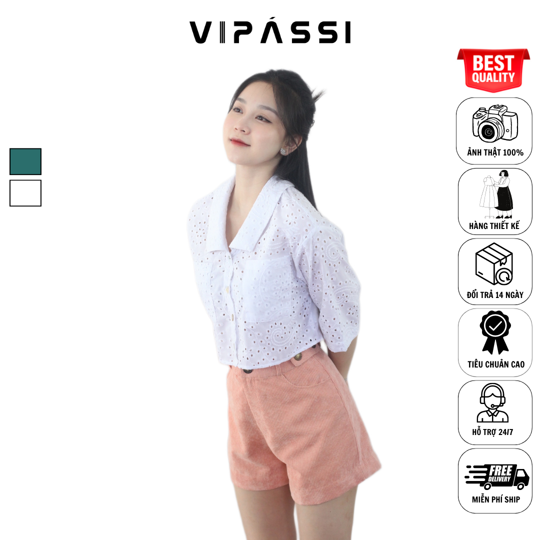 VIPÁSSI Áo Sơ Mi Nữ Tay Ngắn Ren Chấm Bi Cài Nút 2 Túi Đối Xứng