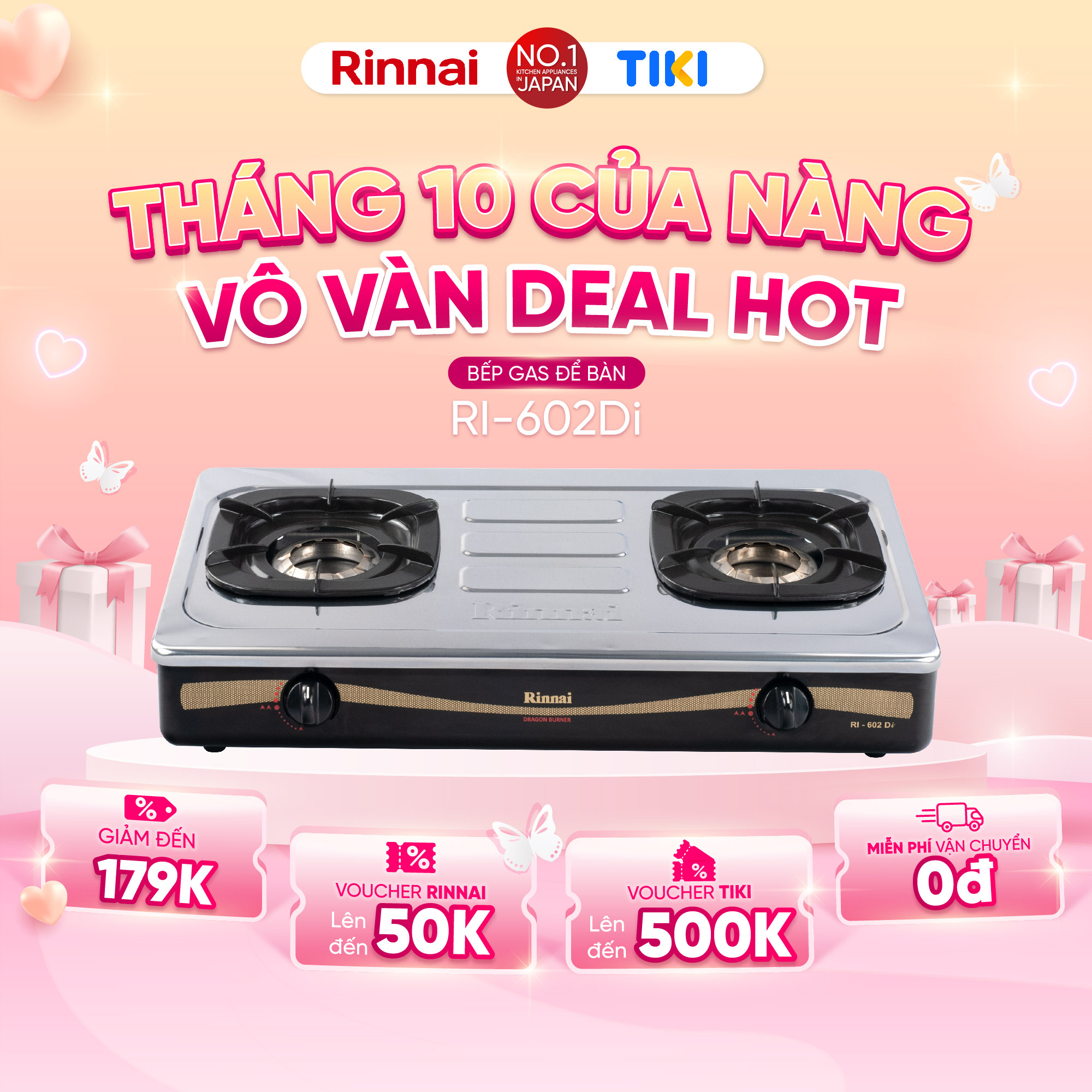 Bếp gas dương Rinnai RI-602Di mặt bếp inox và kiềng bếp men - Hàng chính hãng.