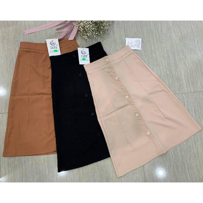 Chân váy midi dài đính cúc, váy dáng xoè