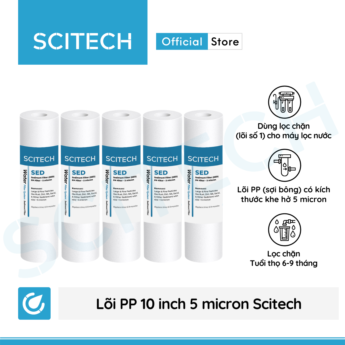 Combo 5 lõi lọc PP 10 inch 5 micron - Lõi số 1 máy lọc nước Nano/UF/RO, bộ lọc thô - Hàng chính hãng