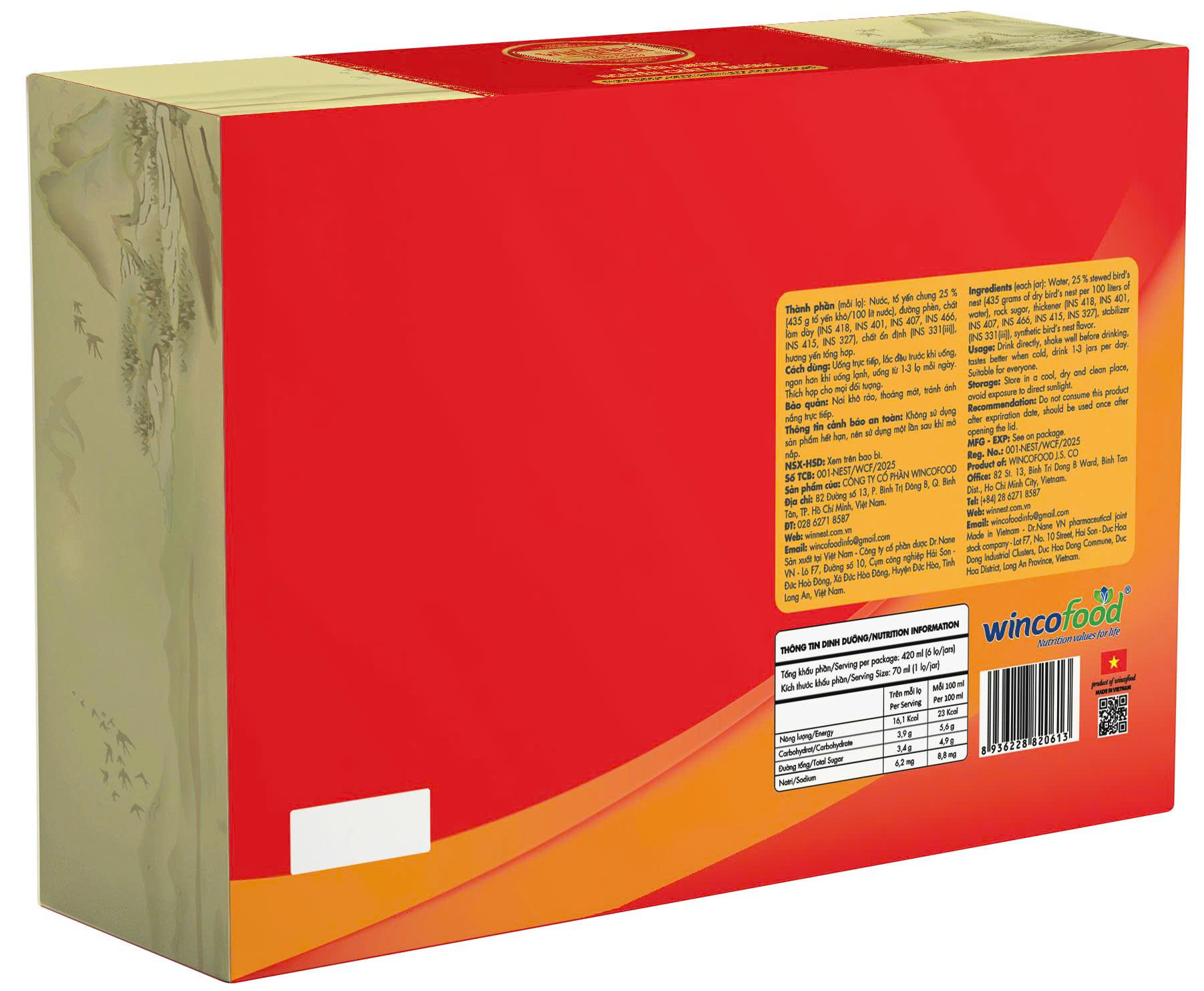 Hộp win'sNest - Tổ yến 25% (0.3g/ 70ml) chưng sẵn nguyên chất ít đường (6 lọ x 70 ml/ Hộp