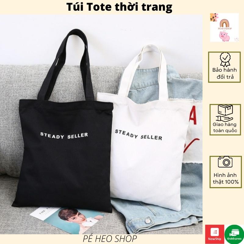 Túi Tote Vuông In Steady Seller TT35 Vải canvas Hàn Quốc có khóa kéo miệng và Túi Mini bên trong - PÉ HEO SHOP - TT35 Vuông Đen