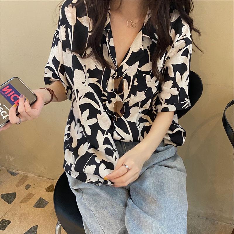 MS694 Áo sơ mi nữ hoa lá form rộng cộc tay