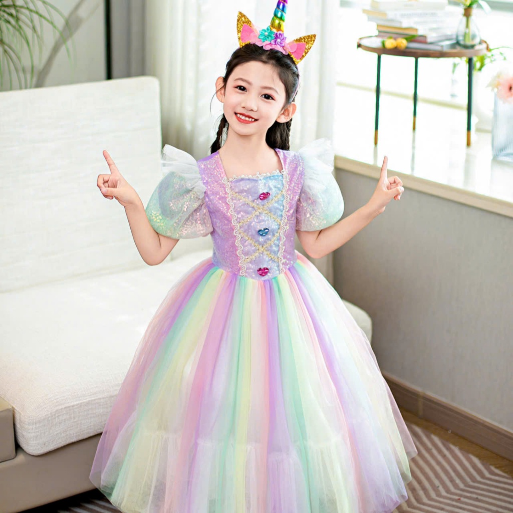 Đầm voan công chúa cho bé gái cosplay Ngựa pony màu sắc cầu vồng size 12-40kg hàng Quảng Châu cao cấp