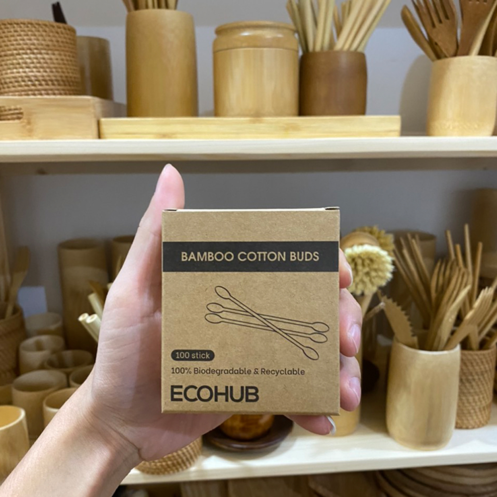 Tăm Bông ngoáy tai thân gỗ tre (Hộp 100c) thân thiện Môi trường (Bamboo Cotton Buds)