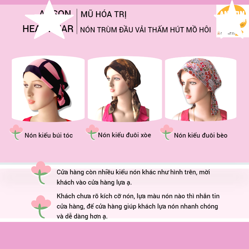 Nón hóa trị vải mềm mát, hút mồ hôi, bệnh nhân ung thư, chemo hat, cancer hat, nón trùm đầu, mũ vải [KIỂU ĐUÔI XÒE-ĐEN HOA]