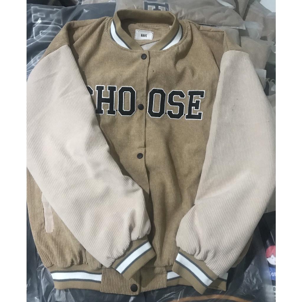 Áo Khoác Bomber CHOOSE Nhung Gân Tăm Thêu Phối Tay 2 Màu 2 Lớp Form Rộng Unisex Nam Nữ Ulzzang Hot Trend