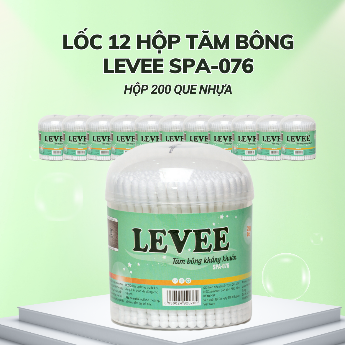 Lốc 12 hộp Tăm bông Levee người lớn thân nhựa hộp 200 que SPA-076