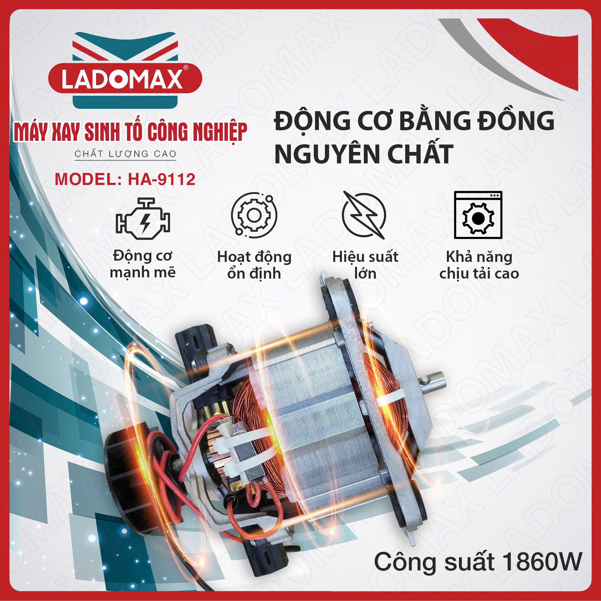 Máy xay sinh tố công nghiệp 1860W Ladomax HA-9112 xay đá, rau má, sinh tố chuyên quán - Hàng chính hãng