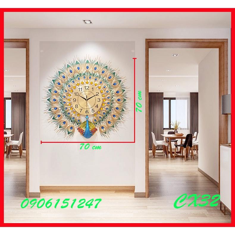 Đồng hồ treo tường trang trí decor chim công CX32 Khổng Tước xanh kích thước 70 x 70 cm