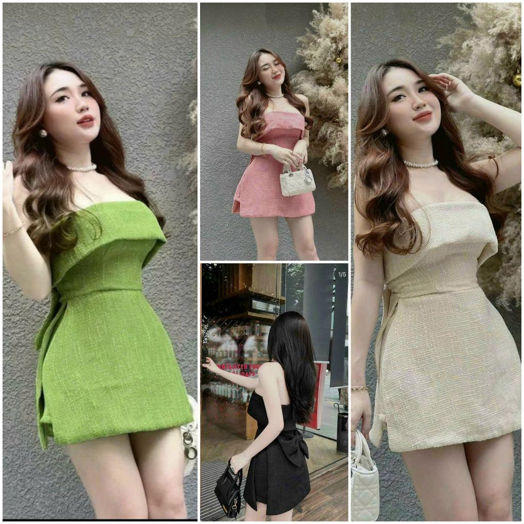 Sét áo cúp ngực đính nơ to xẻ tà  kèm quần ngắn siêu chất
