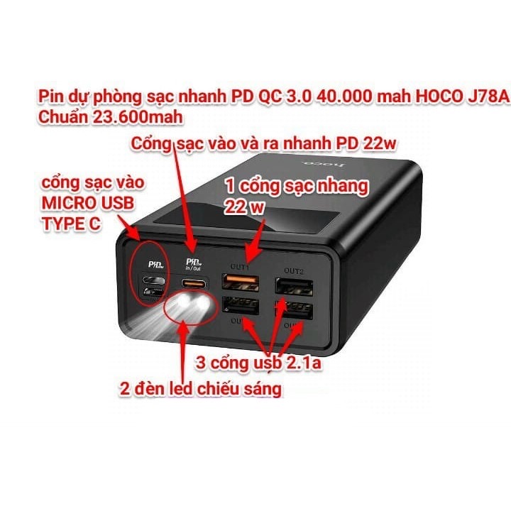 Pin Sạc Dự Phòng Hoco J78A/40.000mah Tíc Hợp Đèn Led Hiển Thị/Hỗ Trợ Sạc Nhanh PD 22.5W-Hàng Chính Hãng.