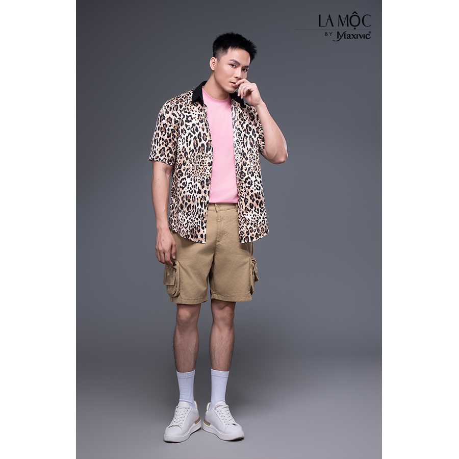 Áo sơ mi beo lụa cát phối cổ đen