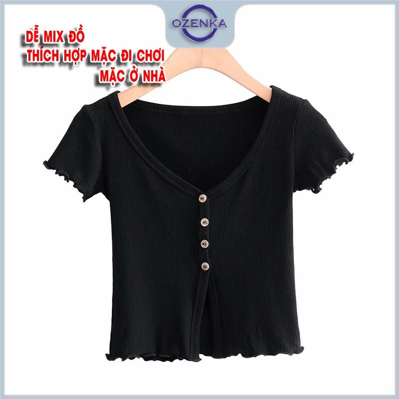 Áo croptop nữ kiểu ôm sexy cổ vuông cài khuy, áo crt ngắn tay đẹp thun gân 100% cotton màu đen trắng dưới 55 cân